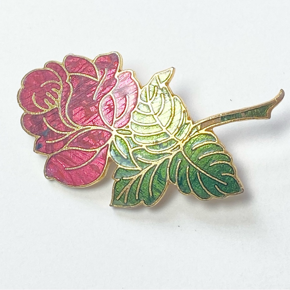 Vintage Rose‎ Brooch A.G.C. Cleveland Enamel Red Green Leaf Gold Tone Lapel Pin